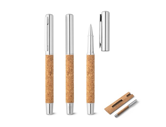 ANDREW. Roller com corpo em a�o inox 90% reciclado e corti�a com escrita em azul