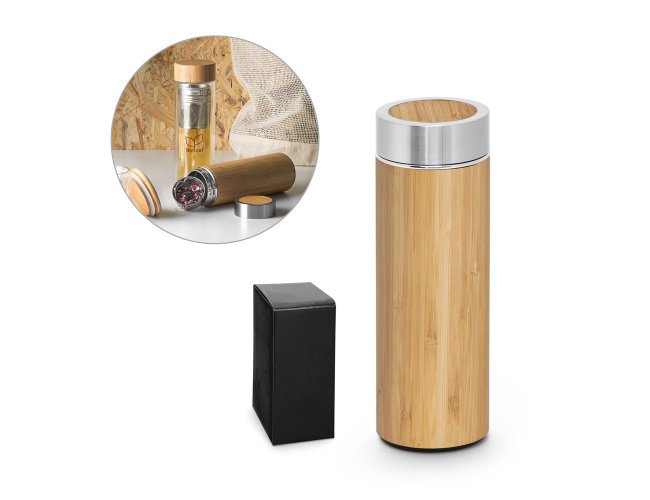 NATUREL. Garrafa em a�o inox 90% reciclado e bambu de parede dupla t�rmica, isolada a v�cuo 430 mL