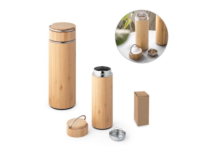 SOW. Garrafa em a�o inox e bambu de parede dupla t�rmica, isolada a v�cuo 440 mL